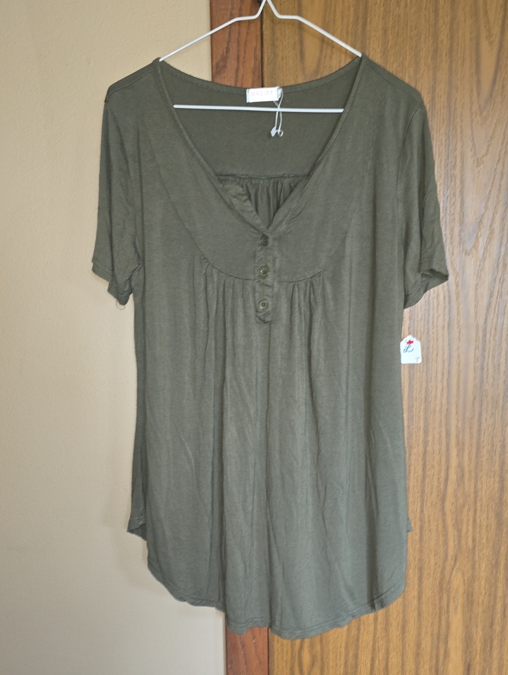 Relaxed Olive Short-Sleeve V-Neck Tunic with Button Detail